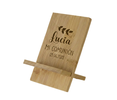Soporte para movil de bambú personalizable para tus invitados
